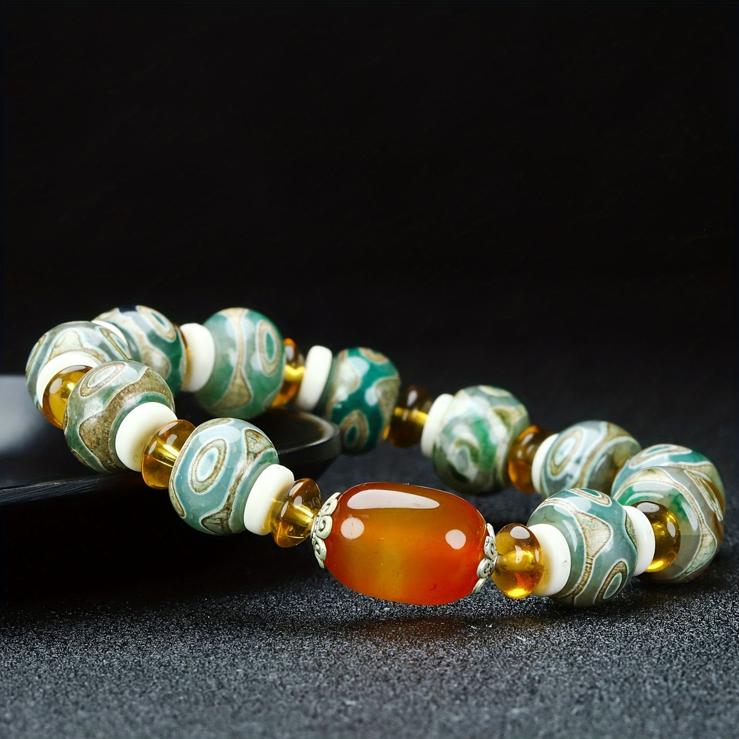 1pc Natural Agate Tibetan Three-Eye Dzi Beads Bracelet Rosary Unisex Ethnic Retro