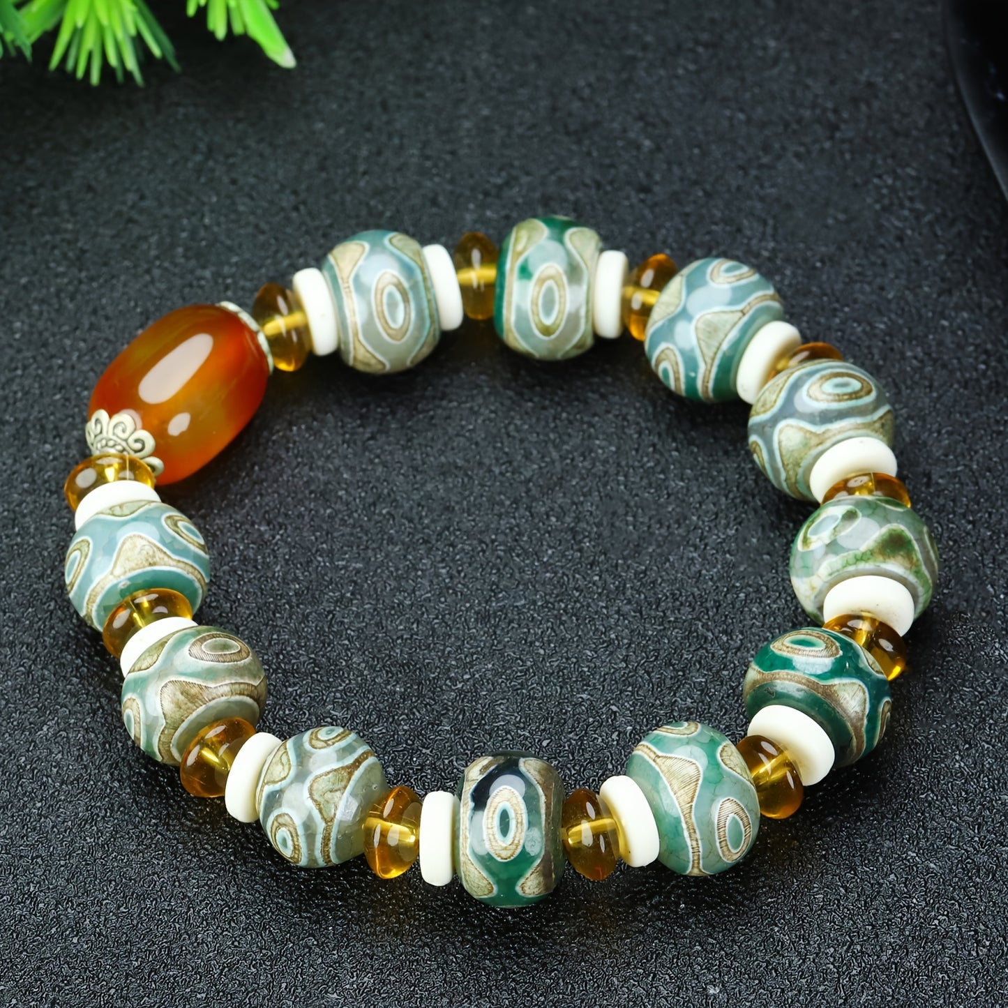 1pc Natural Agate Tibetan Three-Eye Dzi Beads Bracelet Rosary Unisex Ethnic Retro