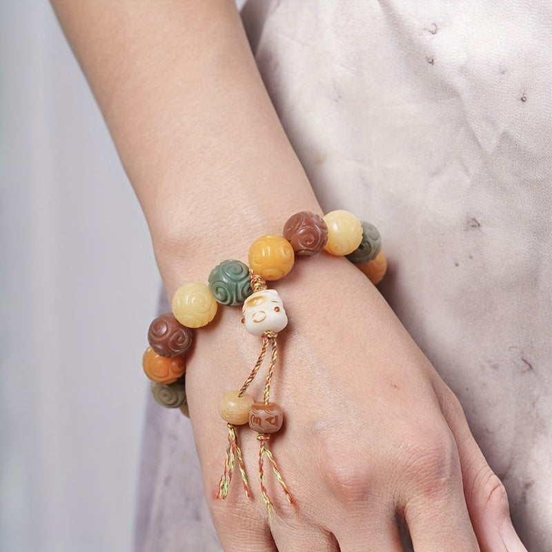 Elegant Bodhi Bead Bracelet with Intricate Carvings – Multicolor Buddhist Prayer Beads, Candy Cat Design, Ideal for Daily Wear, Beads for Bracelets