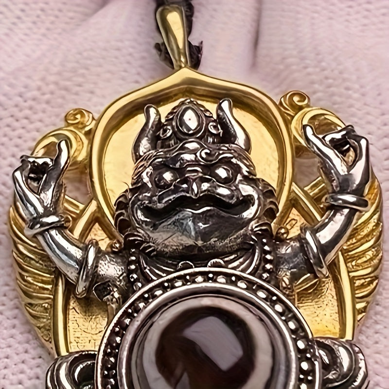 Vintage Tibetan Dzi Bead Pendant with Garuda Design, Auspicious Alloy Amulet Art Collectible