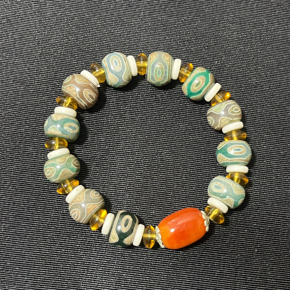 1pc Natural Agate Tibetan Three-Eye Dzi Beads Bracelet Rosary Unisex Ethnic Retro