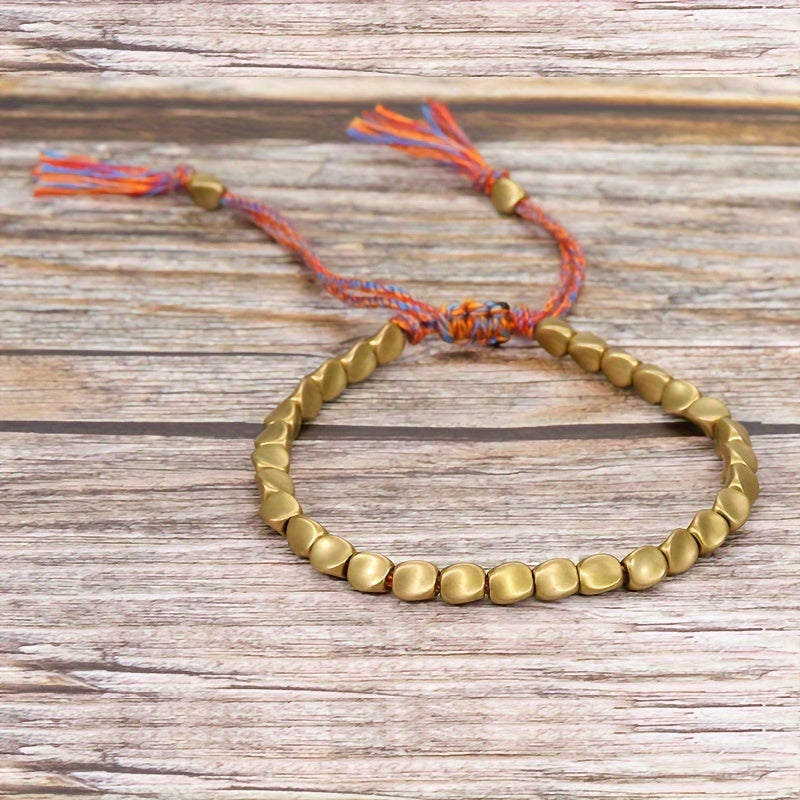 Elegant Handcrafted Copper Bead Bracelet with Colorful Tassels - Glamorous, Accessory Perfect for Gifting on Birthdays, Holidays, and Special Occasions, Birthday Bracelet|Rustic Elegance|Natural Wood Texture, Charm Bracelet