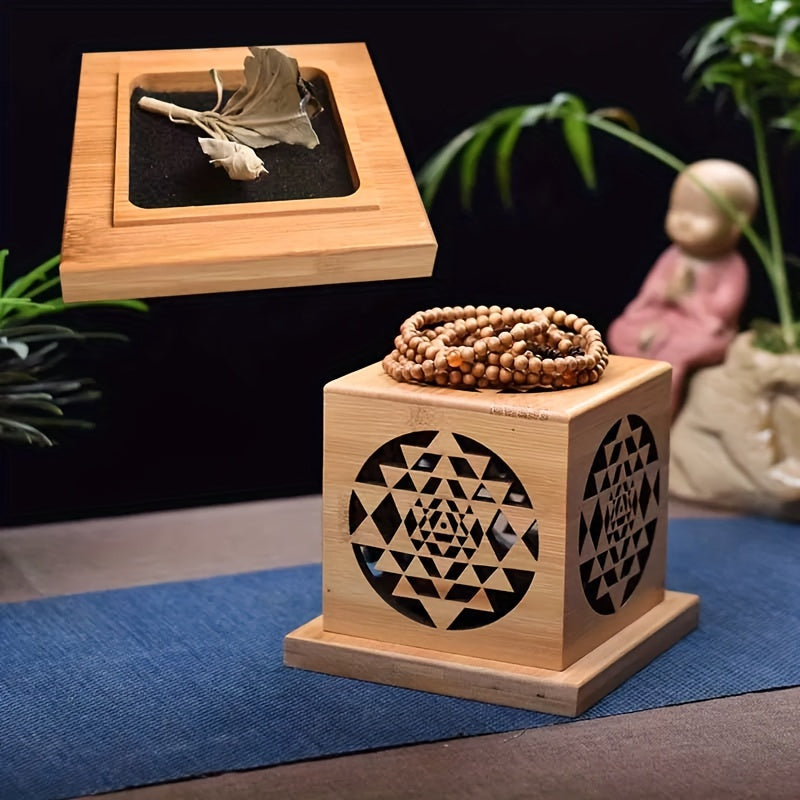 Bamboo Incense Burner with Crystal Tray - Sage Purifying Hollow Design for Home Decor