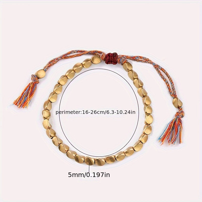 Elegant Handcrafted Copper Bead Bracelet with Colorful Tassels - Glamorous, Accessory Perfect for Gifting on Birthdays, Holidays, and Special Occasions, Birthday Bracelet|Rustic Elegance|Natural Wood Texture, Charm Bracelet
