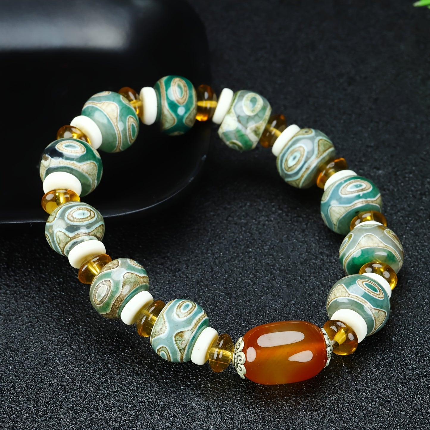 1pc Natural Agate Tibetan Three-Eye Dzi Beads Bracelet Rosary Unisex Ethnic Retro
