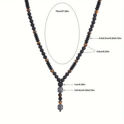 Fashionable 6mm Natural Stone Black Bead Necklace with Tiger Eye Stone Pendant, Unisex Y-Neck Jewelry Accessory