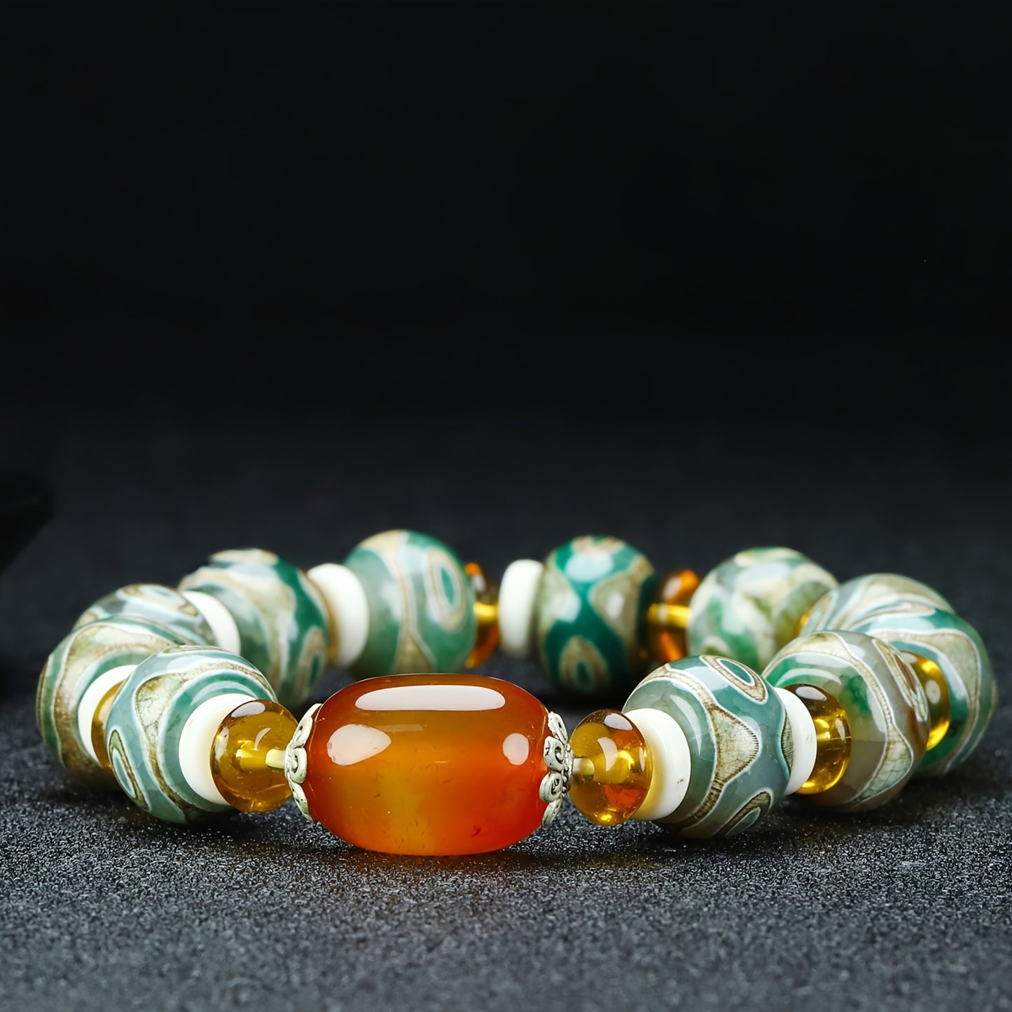 1pc Natural Agate Tibetan Three-Eye Dzi Beads Bracelet Rosary Unisex Ethnic Retro