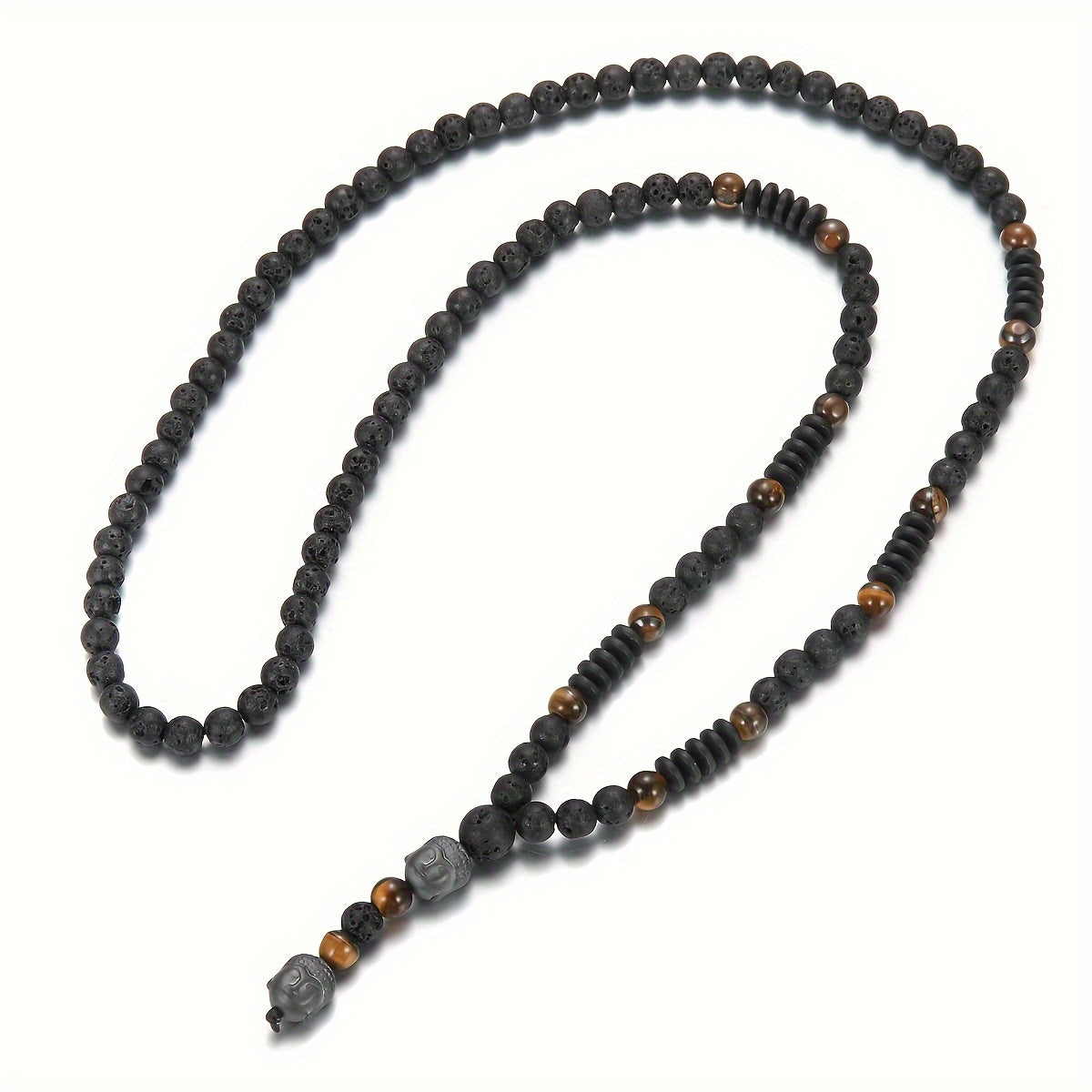 Fashionable 6mm Natural Stone Black Bead Necklace with Tiger Eye Stone Pendant, Unisex Y-Neck Jewelry Accessory
