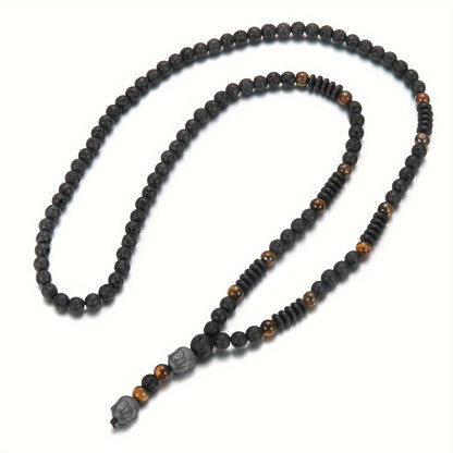 Fashionable 6mm Natural Stone Black Bead Necklace with Tiger Eye Stone Pendant, Unisex Y-Neck Jewelry Accessory