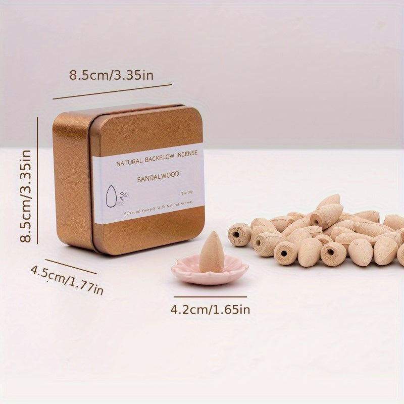 Two-piece Set of Incense Burner Base + Incense 6.7oz/1 Box Natural Sandalwood Cones, Backflow Incense with Cherry Blossom Petal Incense Holder