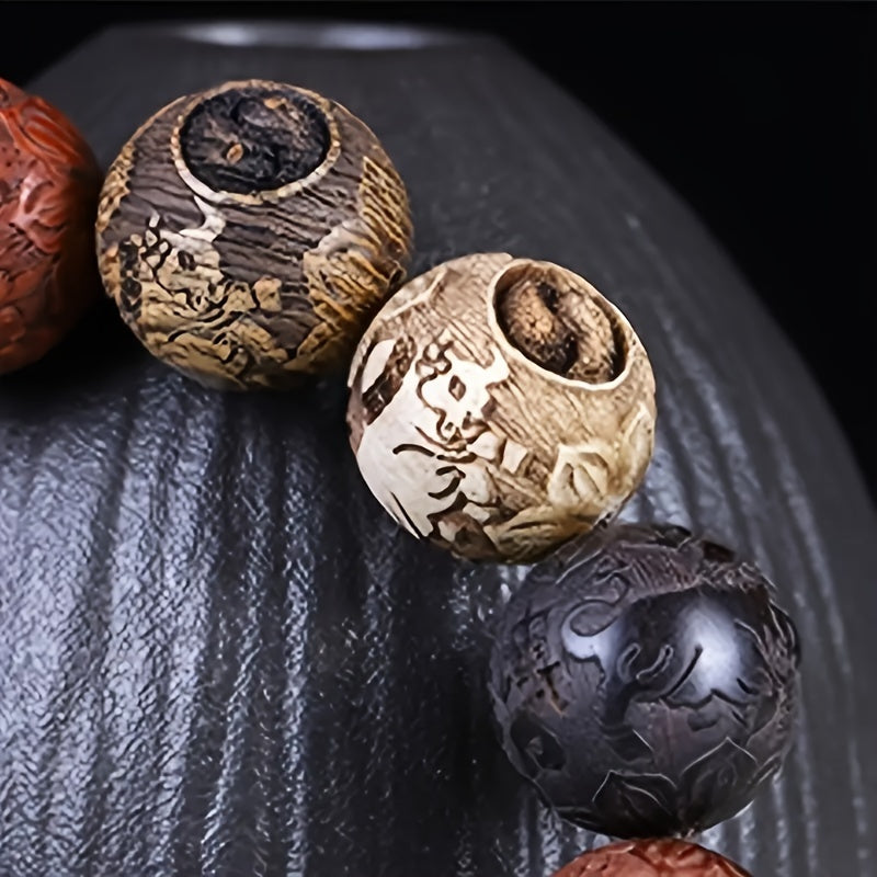 Elegant Hand-Carved Wooden Buddha Beads Bracelet - Unisex Good Luck Wealth Bracelet with 12 Beads, No Plating - Gift for Men and Women
