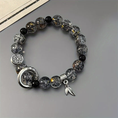 [Unisex Glass Bead Stretch Bracelet] Fashion Style Glass Bead Bracelet with Tibetan Charms - Unisex Stretch Bracelet with No Plating