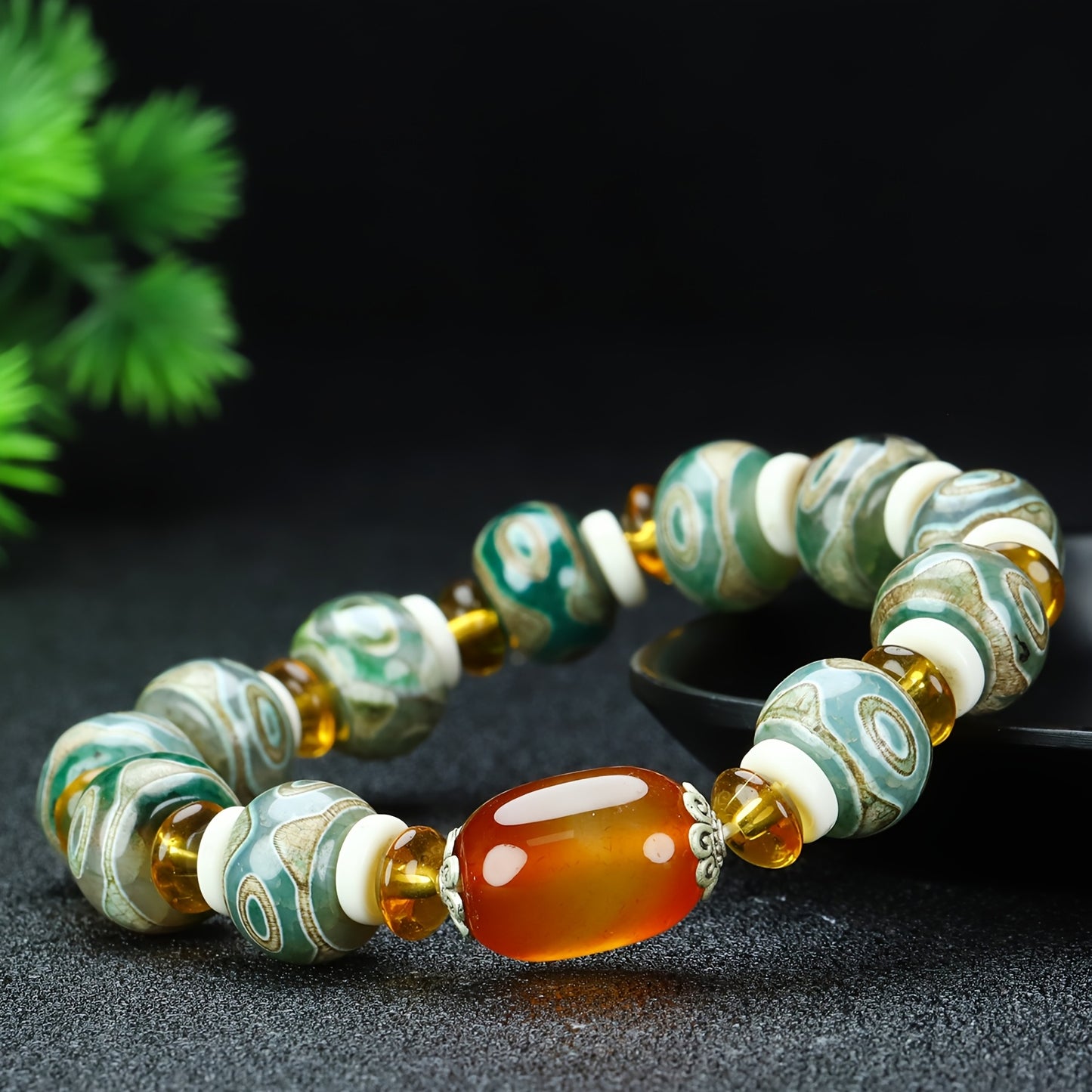 1pc Natural Agate Tibetan Three-Eye Dzi Beads Bracelet Rosary Unisex Ethnic Retro