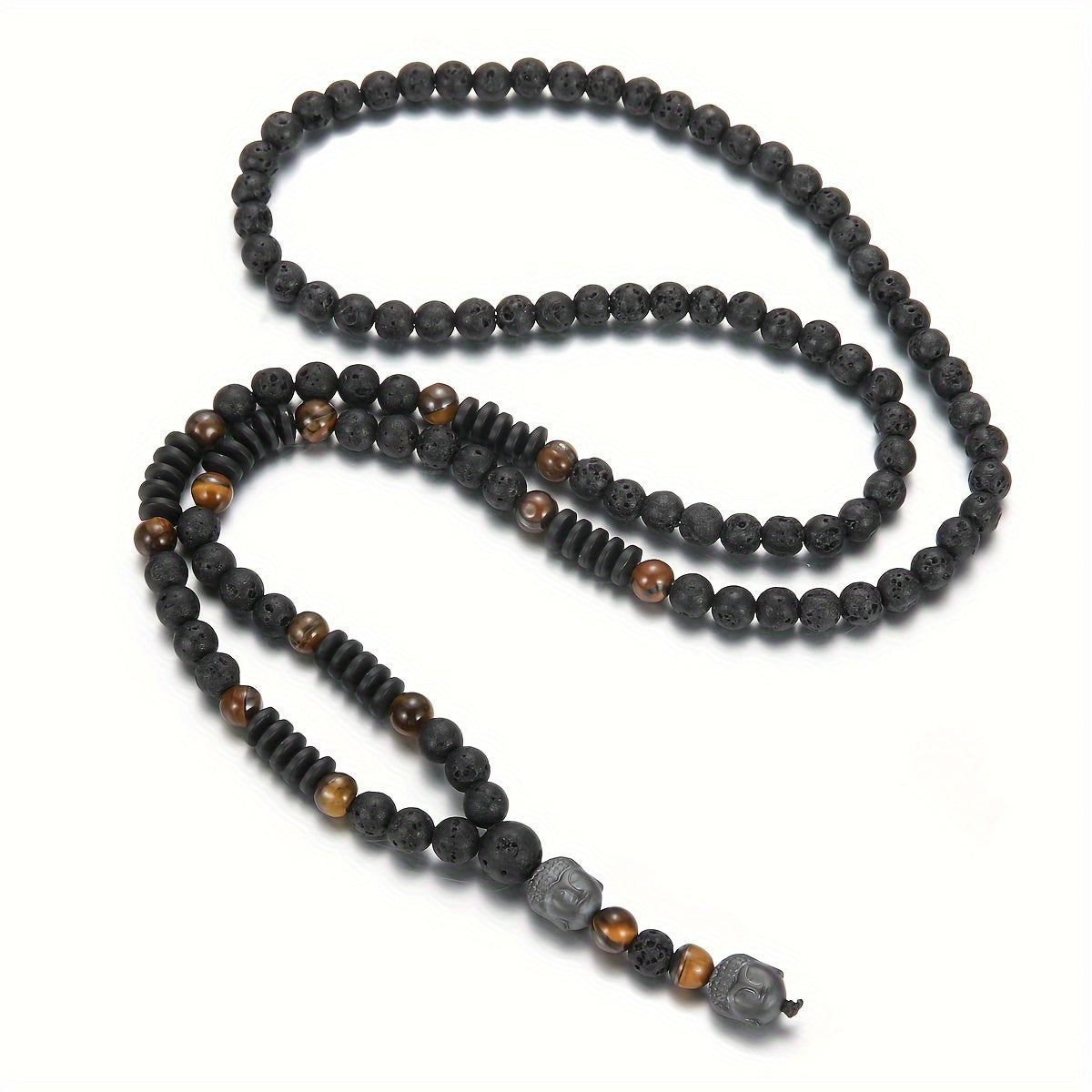 Fashionable 6mm Natural Stone Black Bead Necklace with Tiger Eye Stone Pendant, Unisex Y-Neck Jewelry Accessory