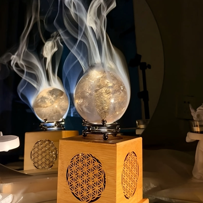 Bamboo Incense Burner with Crystal Tray - Sage Purifying Hollow Design for Home Decor