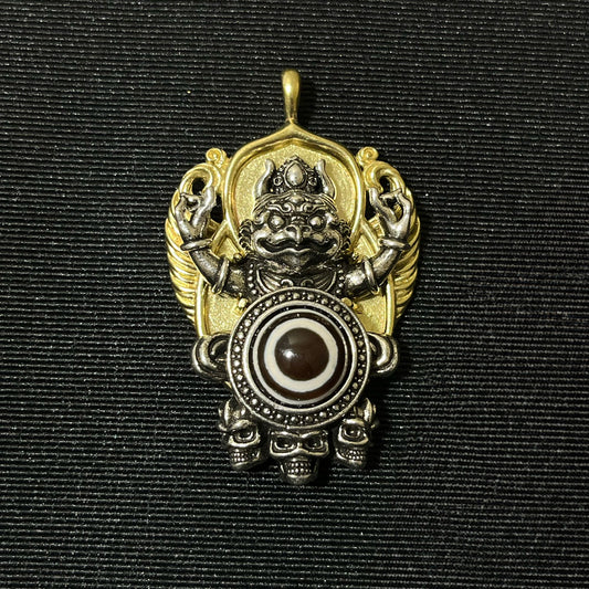Vintage Tibetan Dzi Bead Pendant with Garuda Design, Auspicious Alloy Amulet Art Collectible