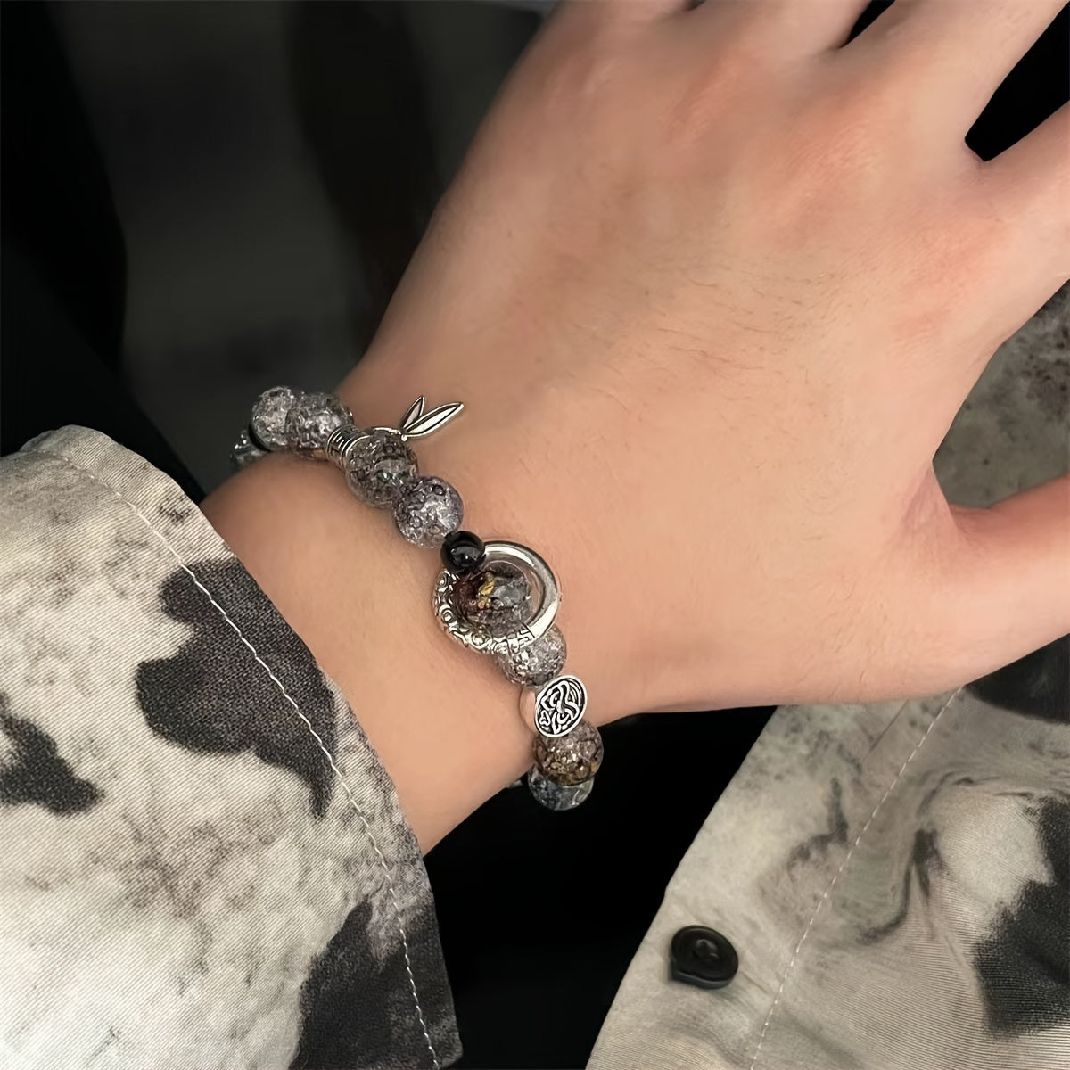 [Unisex Glass Bead Stretch Bracelet] Fashion Style Glass Bead Bracelet with Tibetan Charms - Unisex Stretch Bracelet with No Plating