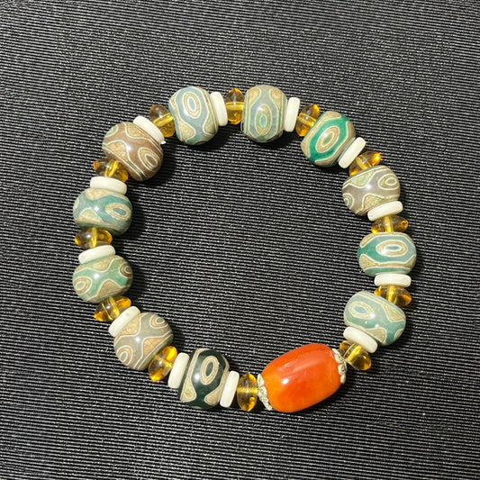 1pc Natural Agate Tibetan Three-Eye Dzi Beads Bracelet Rosary Unisex Ethnic Retro