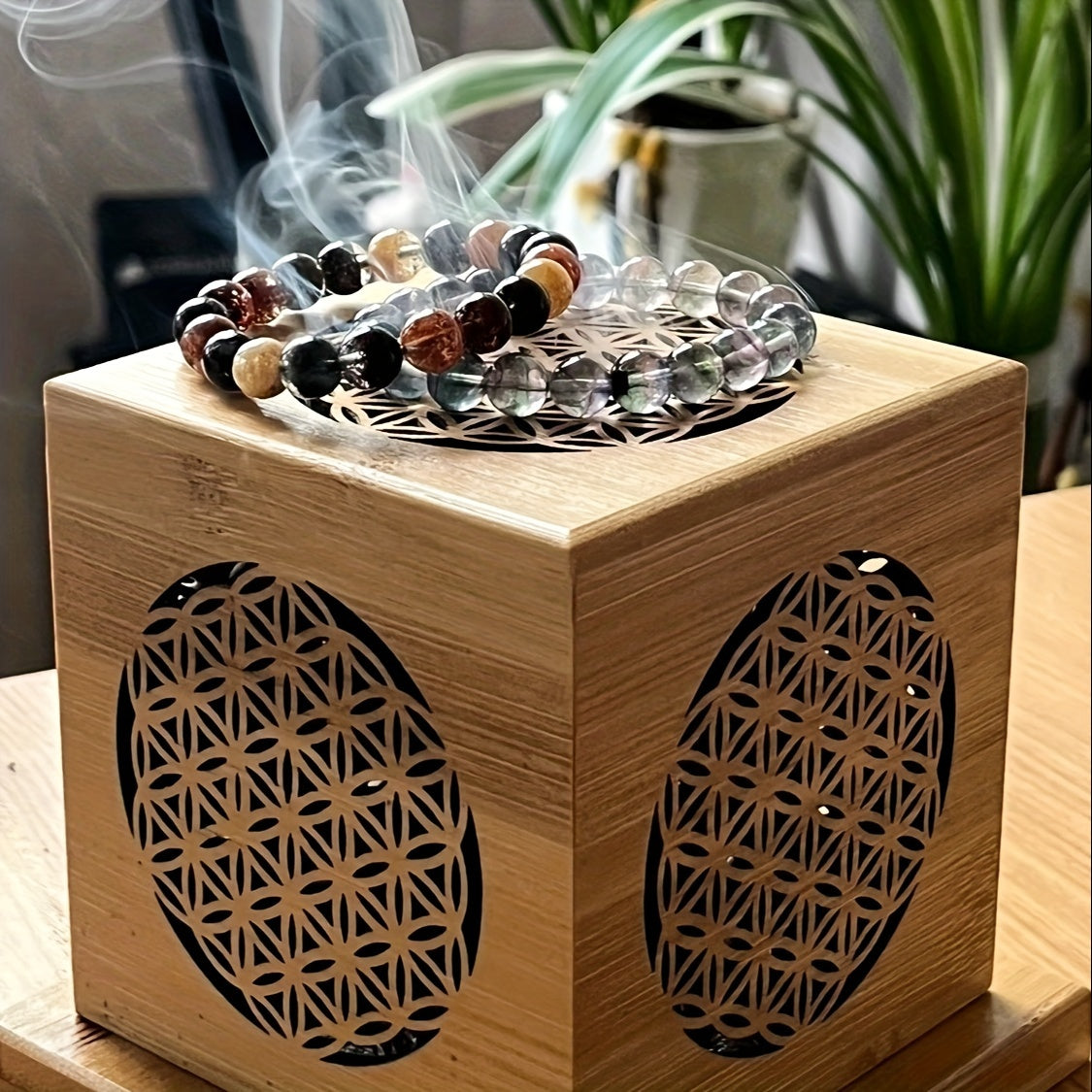 Bamboo Incense Burner with Crystal Tray - Sage Purifying Hollow Design for Home Decor