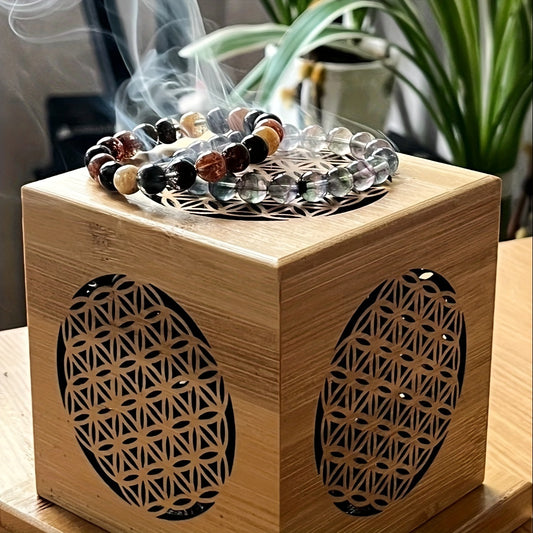 Bamboo Incense Burner with Crystal Tray - Sage Purifying Hollow Design for Home Decor
