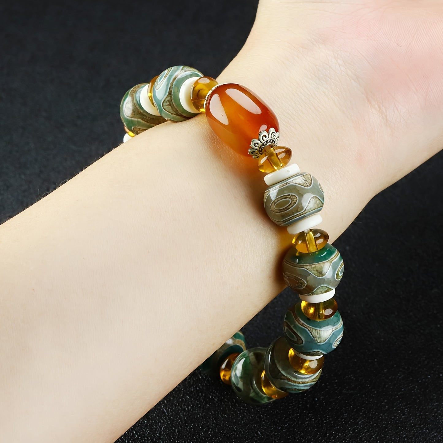 1pc Natural Agate Tibetan Three-Eye Dzi Beads Bracelet Rosary Unisex Ethnic Retro