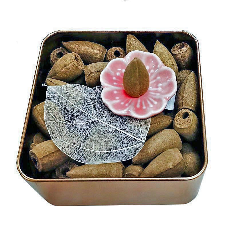 Two-piece Set of Incense Burner Base + Incense 6.7oz/1 Box Natural Sandalwood Cones, Backflow Incense with Cherry Blossom Petal Incense Holder