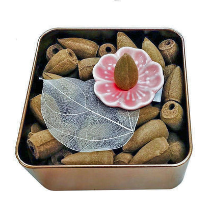 Two-piece Set of Incense Burner Base + Incense 6.7oz/1 Box Natural Sandalwood Cones, Backflow Incense with Cherry Blossom Petal Incense Holder