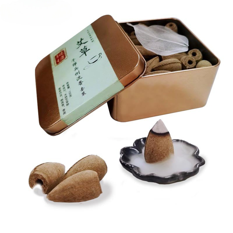 Two-piece Set of Incense Burner Base + Incense 6.7oz/1 Box Natural Sandalwood Cones, Backflow Incense with Cherry Blossom Petal Incense Holder