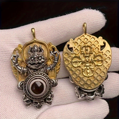 Vintage Tibetan Dzi Bead Pendant with Garuda Design, Auspicious Alloy Amulet Art Collectible