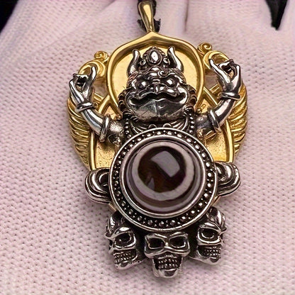 Vintage Tibetan Dzi Bead Pendant with Garuda Design, Auspicious Alloy Amulet Art Collectible