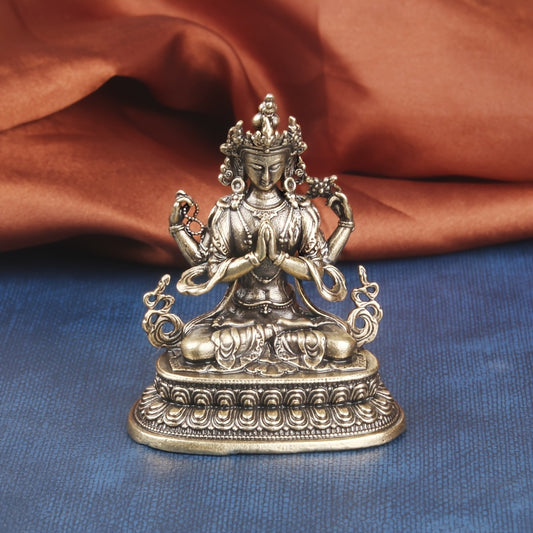 [Antique Tibetan] Peaceful Brass Four-Armed Guanyin Statue | Brass | Home & Office Decor
