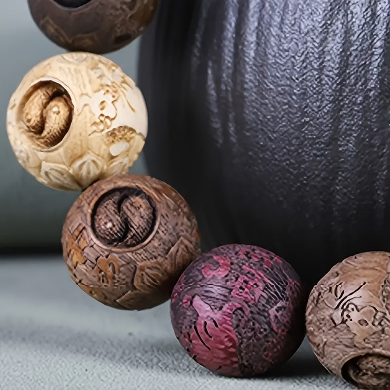 Elegant Hand-Carved Wooden Buddha Beads Bracelet - Unisex Good Luck Wealth Bracelet with 12 Beads, No Plating - Gift for Men and Women