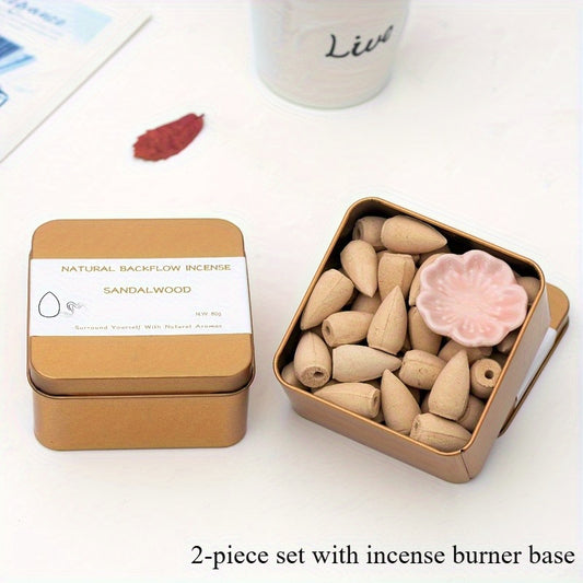 Two-piece Set of Incense Burner Base + Incense 6.7oz/1 Box Natural Sandalwood Cones, Backflow Incense with Cherry Blossom Petal Incense Holder