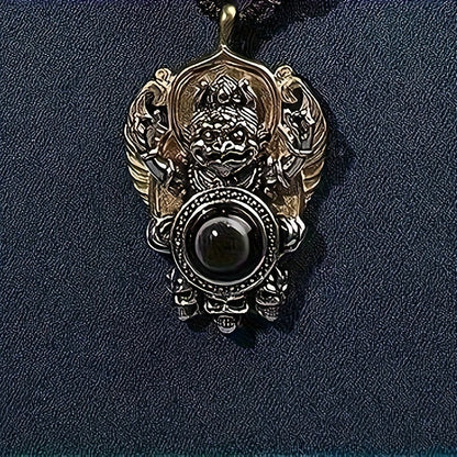 Vintage Tibetan Dzi Bead Pendant with Garuda Design, Auspicious Alloy Amulet Art Collectible