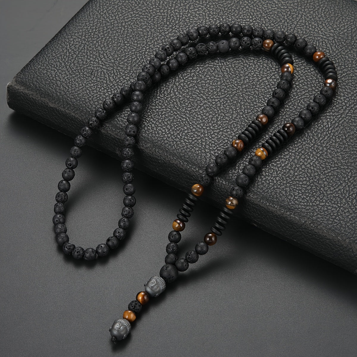 Fashionable 6mm Natural Stone Black Bead Necklace with Tiger Eye Stone Pendant, Unisex Y-Neck Jewelry Accessory