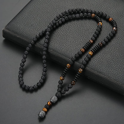 Fashionable 6mm Natural Stone Black Bead Necklace with Tiger Eye Stone Pendant, Unisex Y-Neck Jewelry Accessory