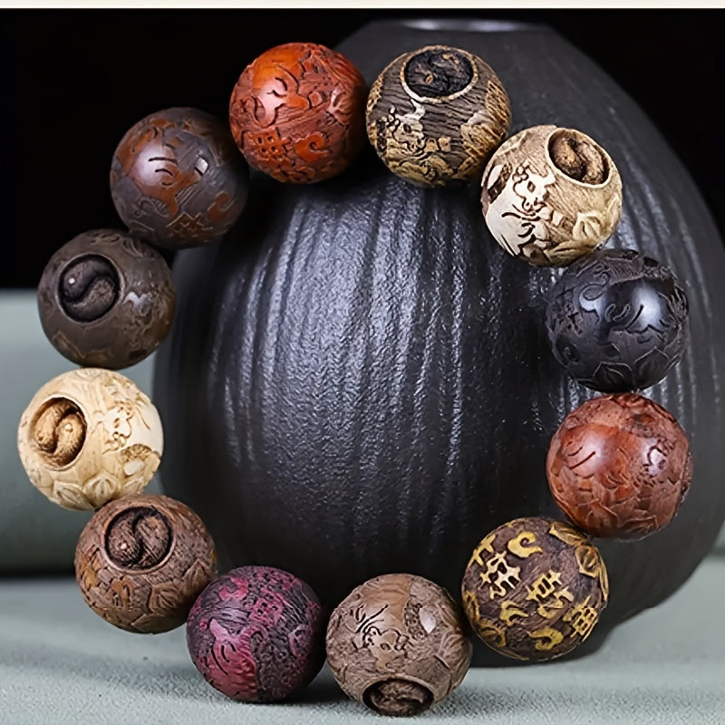 Elegant Hand-Carved Wooden Buddha Beads Bracelet - Unisex Good Luck Wealth Bracelet with 12 Beads, No Plating - Gift for Men and Women